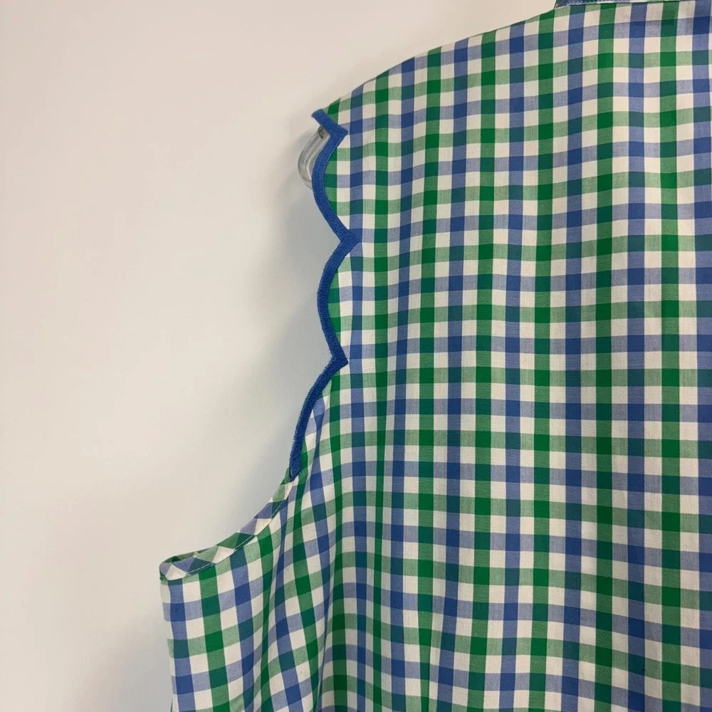 Talbots Womens 18 Gingham Sleeveless Button Down Shirt Scallop Trim Green Blue - Picture 12 of 13